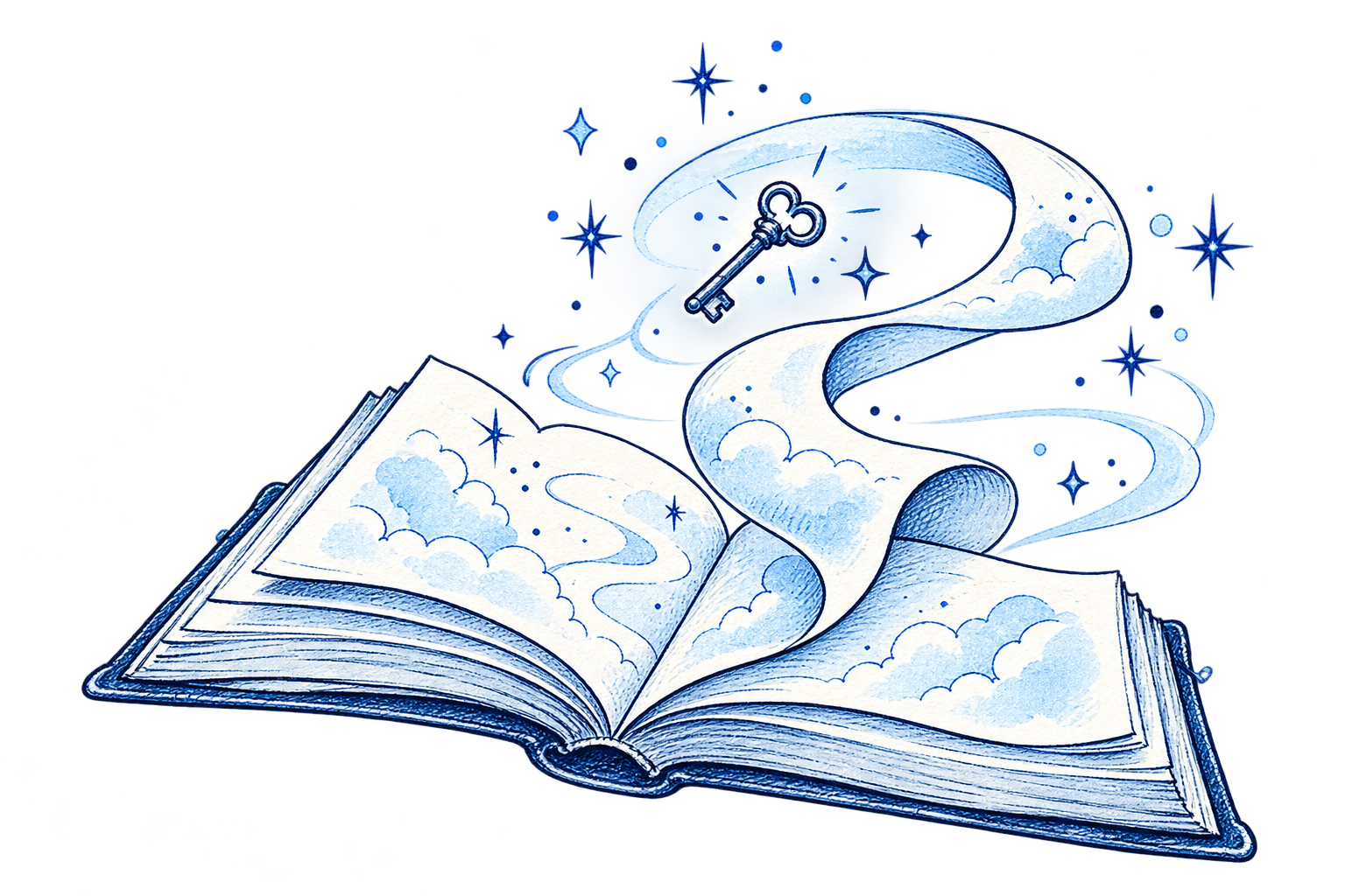 Ilustración dibujada a mano de un libro abierto del que nace un camino de ideas
