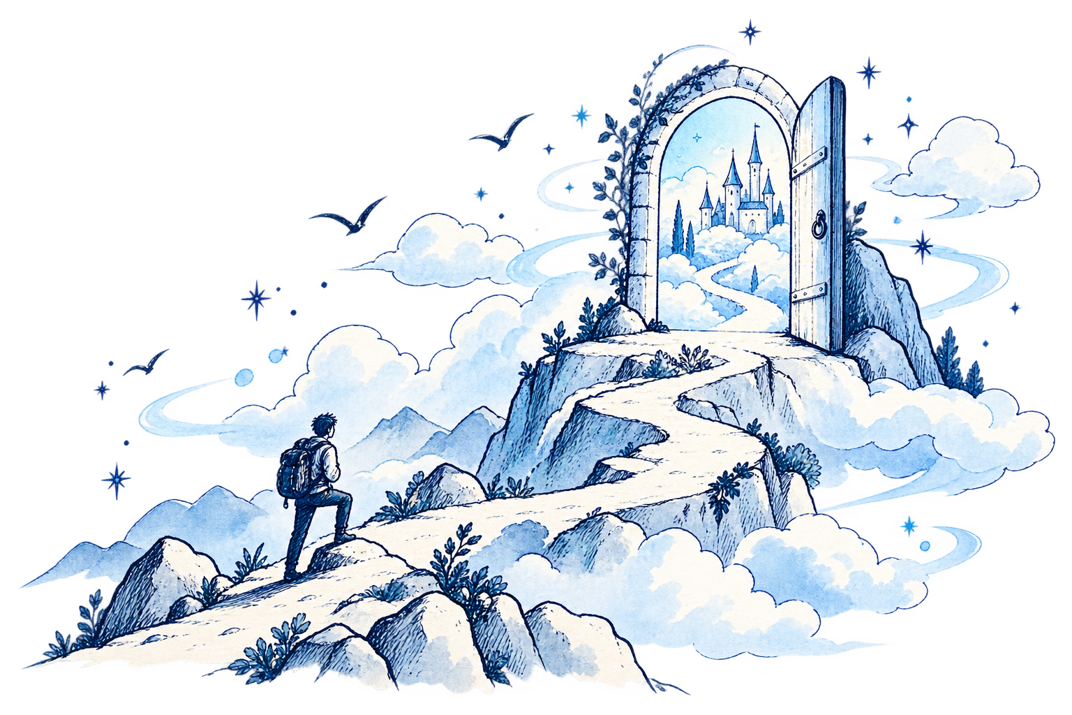 Ilustración dibujada a mano: un camino sube hasta una puerta abierta que guarda un pequeño palacio imaginario
